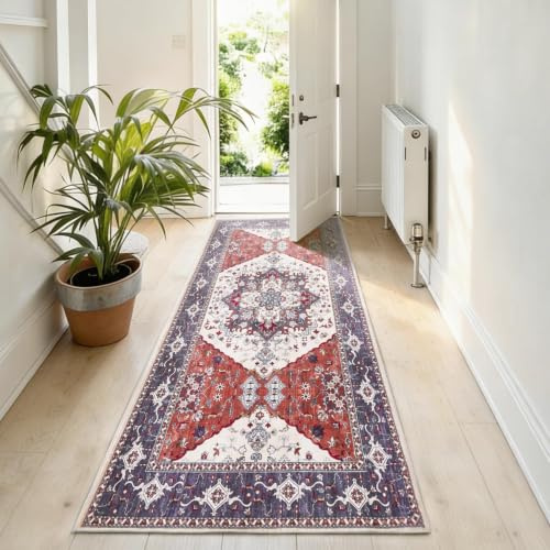 Puremy Tapis de couloir vintage, lavable, style bohème, à poils courts, petit tapis de salon, antidérapant, pour descente de lit, décoration, chambre à coucher, chambre d'enfant, rouge, 80 x 150 cm