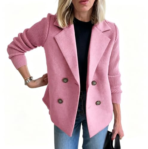 Dam, dubbelknäppt lappverk blazer, kappa, jacka med knäppknappar | Dam blazerrock, dubbelbröstad design, detaljer för knapp, stickade lapptäcksärmar, ledig