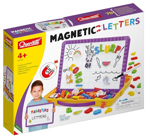 Quercetti Magnetino Letters Lavagna per Bambini 4-8 Anni con Lettere Magnetiche per Bambini, Lavagna Cancellabile con Piedini, Giochi Educativi, Made in Italy