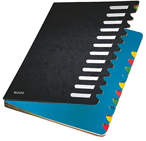 Leitz Pultordner, A4, 12 Fächer, Farbige Trennblätter, 3 Sichtlöcher, Karton, Schwarz, 59120095