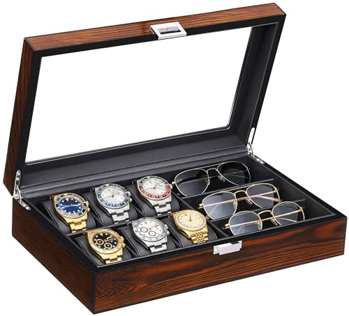 BEWISHOME Uhrenbox mit 6 Fächern, 3 Herren-Schmuckkästchen, Uhrenbox Organizer für Herren, Uhrengehäuse mit Glasdeckel, Uhren-Reiseetui, abnehmbare Uhrenkissen, Uhren-Vitrine, Uhrenaufbewahrung, Braun