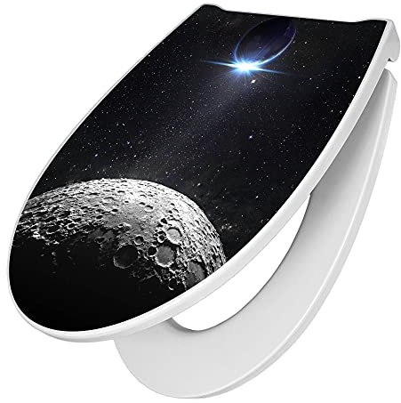 banjado Premium Toilettendeckel mit Absenkautomatik 45x38,4cm / WC Brille Soft Close/hygienischer Toilettendeckel/Klodeckel Duroplast mit Edelstahl Scharnier/Motiv Mondlandschaft