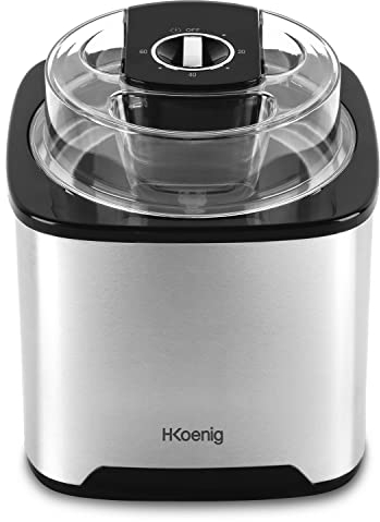 H.Koenig SRB80 Eismaschine, Kapazität 2 l, 12 W, Edelstahl, 30 bis 40 min Zubereitung, 30 U/min, automatische Abschaltung, transparenter Deckel, abnehmbarer Behälter, Silber