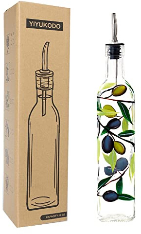 YIYUKODO 17oz Hand Painted Glass Olive Oil Bottle Dispenser - 500ml Green Oil & Vinegar Cruet with Pourers - Olive Oil Carafe Decanter for Kitchen