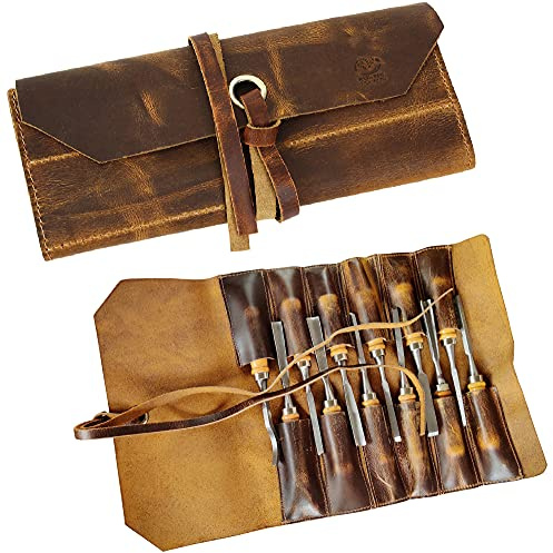 Leather Tool Roll Up Pouch - 12 Slots Portable Leather Tool Carry On Pouch, Vintage Handmade Wrench Roll/Chisel Storage Organizer Bag | Fit Carving & Hand Tools up to 10 inches, Compact Carry for Woodworkers, Electricians and DIY Projects, Secure Tie Closure
