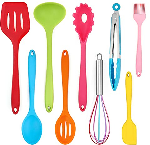 Köksredskapsset, Joyfair 9 stycken silikonköksredskap, värmebeständiga köksredskap, köksredskap, set med stekspade visp, grilltång, non-stick köksbestick för matlagning och bakning, färgglada