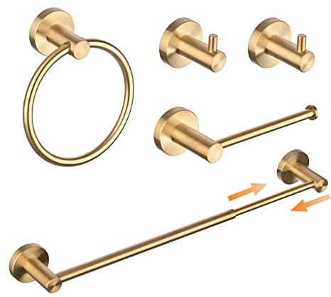 Juego de Accesorios de baño de 5 Piezas – Toallero Ajustable de 33 a 60 cm, Soporte para Rollo de Papel higiénico, 2 Ganchos para Toallas, Color Dorado Cepillado montado en la Pared SHUNLI