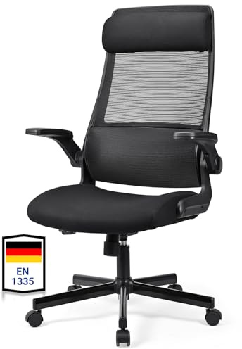 MELOKEA Ergonomisk kontorsstol, skrivbordsstol av mesh med fällbara armstöd, datorsnurrstol med justerbara nackstödsarmar och ländryggsstöd, chefsfåtölj har vippfunktion, svart