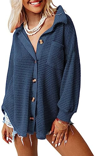 Dokotoo Long Sleeve Shirts for Women Fashion Winter V Neck Waffle Knit Button Down Shirts Tops Comfy Solid Shacket Jacket Clothing for Women Outwear Coat Blue Large