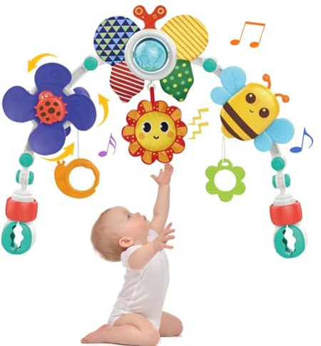 Baby Kinderwagen Bogen Spielzeug, Adjustable Autositz Spielzeug mit sensorischem Spielzeug, Aktivität Bogen Reise Montessori Spielzeug für Krippe ＆ Bassinet, 0-24 Monate Jungen und Mädchen (Biene)