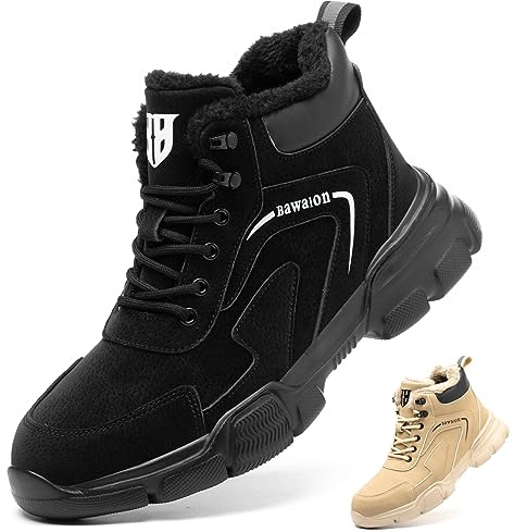 Bawalon Sicherheitsstiefel Herren Leicht Sicherheitsschuhe Herren Damen Wasserdicht Warme Gefüttert Arbeitsschuhe mit Stahlkappe Schwarz-Fellfutter 43 EU