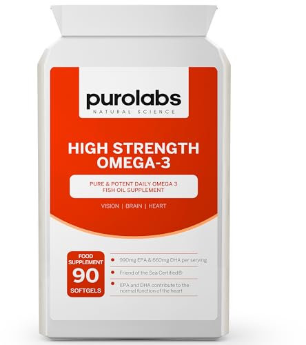 Purolabs Omega 3 Fish Oil Capsules – High Strength Omega 3 with 660mg EPA & 440mg DHA per Serving – Premium Omega 3 Capsules for Heart, Brain & Vision Support – 90 Easy-to-Swallow Softgels