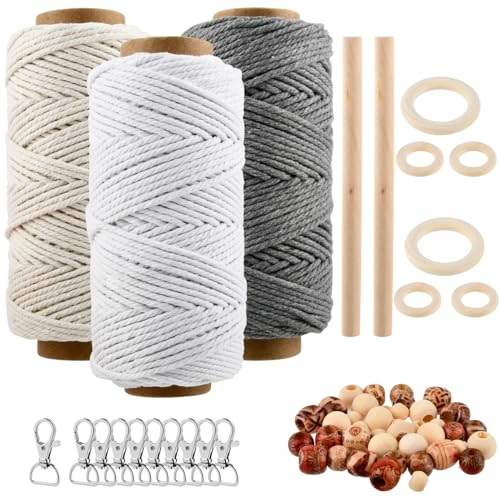USENG 61 Pezzi Macrame Kit con 3mmx60M Corda Macramè,Naturale Fatta a Mano Filo per Macrame,Filo Corda di Cotone Macramè per La Casa Regali Artigianali,Makramee Set per Appendini per Piante Fai da Te