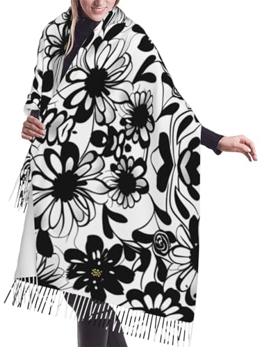 EdWal Schwarz und Weiß Golfdruck Weiche Damen Kaschmir Schals Wraps,Warm Mode Leicht Schal Winter Schal Lange Schal, Schwarz-weiße Blumen, One size