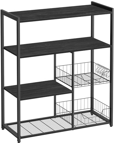 VASAGLE Küchenregal, Standregal mit 2 Metallkörben, Bäckerregal mit Haken und Regalablagen, Mikrowellenregal, 35 x 80 x 93,5 cm, anthrazitgrau-schwarz KKS096B22