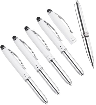 YOKIVE 5 Pcs Ballpoint Pen with Stylus Tip and LED Flashlight, 3 in 1 Black Ink Metal Shell Pen 1.0mm Pen Tip, Great for Touch Screen, Office, Home, Studio, Writing, Drawing(125mm, White)