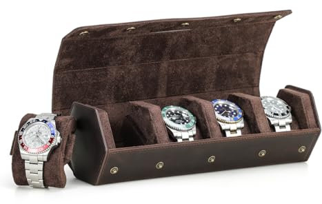 Hiram Genuine Leather Hexagon Watch Roll Travel Case, Leather 4-Watches Roll Case with Removable Pillow Cushion for Treasured Watches and Bracelets