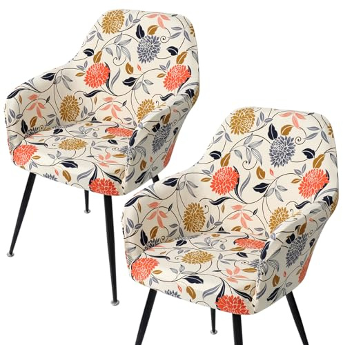 MEIVINES Dining Chair Cover Stretch Chair Cover Set of 2 Jacquard Curved Back Chair Slipcovers with Armrest Elastic Armrest Slipcover Removable Washable for Kitchen (2, Floral)