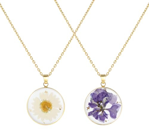 MWOOT 2 Stück Gepresste Blumen Kette, Geburtsmonats blumen Halskette, Handgemachter Schmuck für Frauen und Mädchen, Kristall Chrysanthemen
