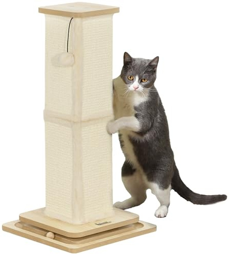 PawHut Kratzsäule für Katze 67 cm hoch Kratzbaum klein mit Spielball Sisalseil Kratzstamm Katzenbaum Sisalstamm für Katzen Eiche