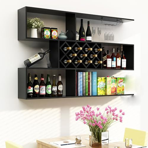 Grande vetrina da parete in legno con supporto per bicchieri da vino per conservare liquori in soggiorno, cucina, ristorante, nero (160 cm)