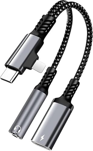 2-in-1 USB C & Lightning to 3.5mm Headphone Adapter with Fast Charging, Audio Aux Jack Converter for i-Phone 15/14/13/12, i-Pad, Samsung Galaxy S24/S23/S22, Pixel – Charge & Listen