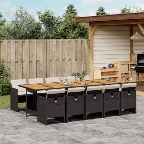 IKAYAA Rattan Gartenmöbel Set 11-TLG, Rattan Sitzgruppe für 10 Personen, Gartentisch aus Holz mit Stapelbar Stühlen & Kissens, Essgruppe Garten, Gartengarnitur Sitzgarnitur, Schwarz und Creme