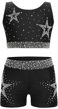 Jugaoge Mädchen Crop Top mit Shorts Kurze Hose Leggings Sommer Glitzer Turnanzug Zweiteiler Fitness Yoga Tanz Outfits Bekleidungsset Dancewear Schwarz 134-140
