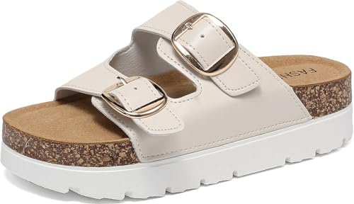 Sowdus Ciabatte Estive Donna con Tacco Plateau Sandali con Plantare in Sughero Comodi Slide Doppia Fibbia Pelle Scamosciata Antiscivolo Pantofole Gomma Suole Pantofol Estiv