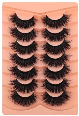 Mink Lashes 20MM Fluffy False Eyelashes, 10D Dramatic Cat Eye Lashes with Soft Cotton Band, Thick Long Wispy D Curl Strip Lashes, 7 Pairs of Full Volume Eyelash Extensions for Bold Eye Makeup Look