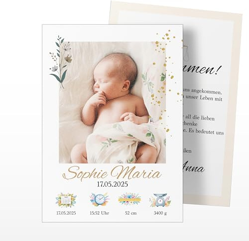 Geburtskarten Baby personalisiert – Dankeskarten Geburt selbst gestalten – ab 10 Stück, DIN A6 – Babykarten mit Foto und Text – individuelle Geburtskarten für Mädchen und Jungen - (Geburt - Motiv 3)