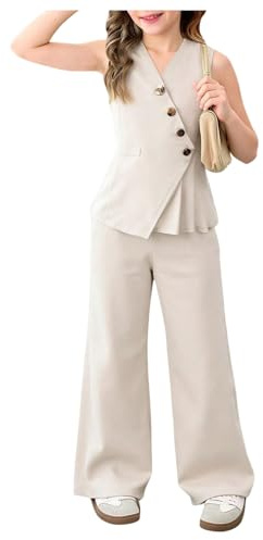 Floerns Girl's 2 Piece Outfit Elegant V Neck Button Up Suit Vest with Wide Leg Pants Set Beige 12Y