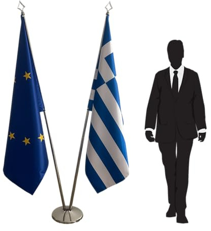 Drapeau Grèce et Union Européenne avec mâts et pied – ensemble diplomatique et protocolaire pour ambassades, consulats, universités, écoles, collectivités locales. Code CN3-EU-GR-L