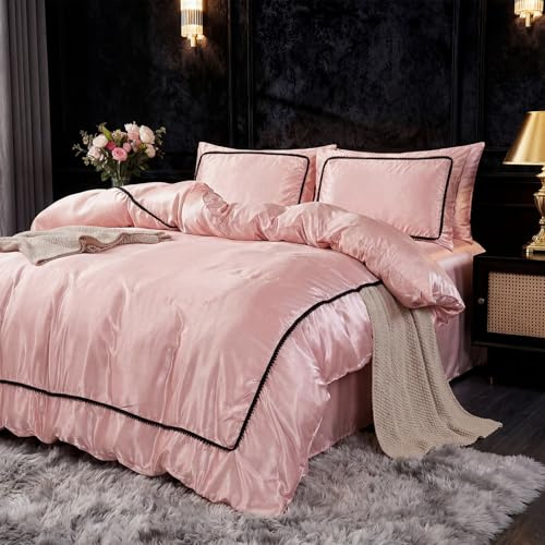 Herside Rosa satin sängkläder set dubbel storlek pom pom kant tryckt lyxigt silkeslent mikrofiber påslakanset flickor satin sängkläder skydd med dragkedja 3-delat påslakan