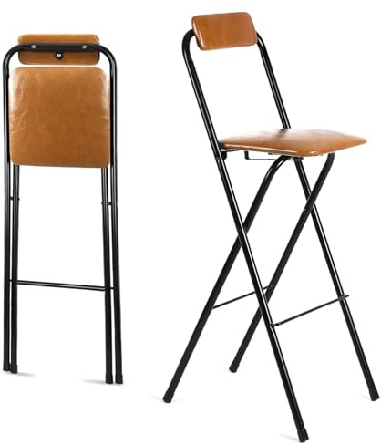 Sgabello da Bar Pieghevole 60cm Imbottito Marrone con Schienale e Poggiapiedi, Sedia Quadrata Regolabile for Cucina, Balcone, Grigliata