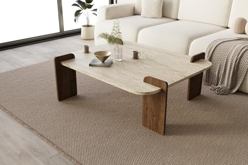 moebel17 Couchtisch Brilliance Travertin Braun Moderner Sofatisch, Tisch fürs Wohnzimmer aus Holz, Ablagefächer, Stauraum mit Tür, Desig 93335