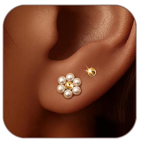 Perlen Blumen Ohrringe Gold für Damen, Hypoallergisch 14K vergoldet Gänseblumen Ohrstecker, Kugel Ohrstecker mit flachem Rücken, Statement Ohrring, Trendiges Schmuck Geschenk für Frauen