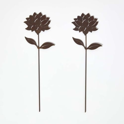 Homescapes Gartenstecker Rost – Dahlien Gartendeko 2er-Set, wetterfeste Gartenfiguren aus Metall für draußen, Rost Deko für Garten, Terrasse & Balkon