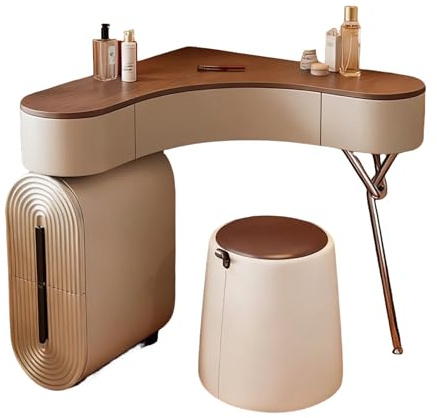Zynqra Sminkbord, nattduksbord, hörnbyrå med pall, lådor, böjd design, trä- och metallkonstruktion, vintagestil, lämplig för sovrum och omklädningsrum. (60)
