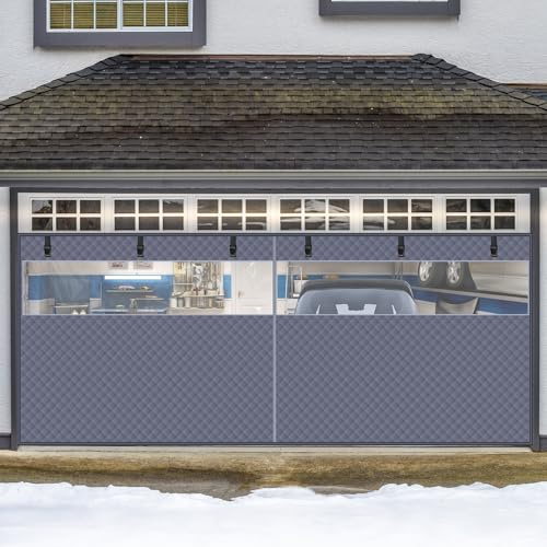 Garage Door Insulation Kit Fits 16 * 7 FT, Magnetic Thermal Insulated Door Curtains for Winter with Clear Window, Garage Door Cover Blanket Panels Screen for 2 Car Garages