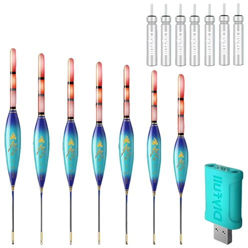 GOEDCH Set di 7 pose da pesca a LED, 4 g/5 g/6 g/7 g/8 g/9 g/10 g, può cambiare colore, set di luci con caricatore e batteria, accessori da pesca per lago, fiume, stagno