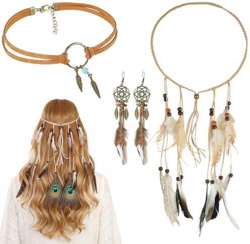 wlertcop 3 Stück Teiliges Indianer Kopf Schmuck Set Boho Traumfänger-Ohrringe Leder Choker Halskette Indian Hippie Boho Feder Stirnband Vintage Hochzeit Schmuck Indianer Schmucks für Hippie Kostüm
