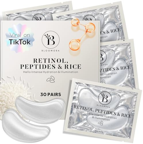 BLOOMORA Retinol, peptid och risextrakt ögonkuddar (30 par) – Eye Pads med peptider – ögonkuddar mot ögonringar – ögonlappar
