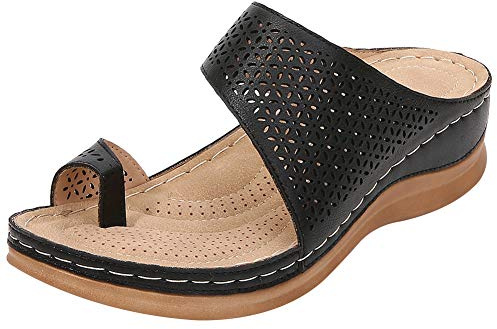 rismart kvinnors ihåliga sandaler kilklackar klämma tå bunion korrektor flip-flops sommartofflor, - Svart - 5 UK
