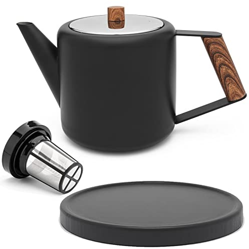 Bredemeijer Teekanne Set 1.1 Liter - Edelstahl doppelwandig Schwarz - Großer moderner Teebereiter mit Tee-Filter-Sieb-Aufsatz für losen Tee - inkl. Holz-Untersetzer schwarz
