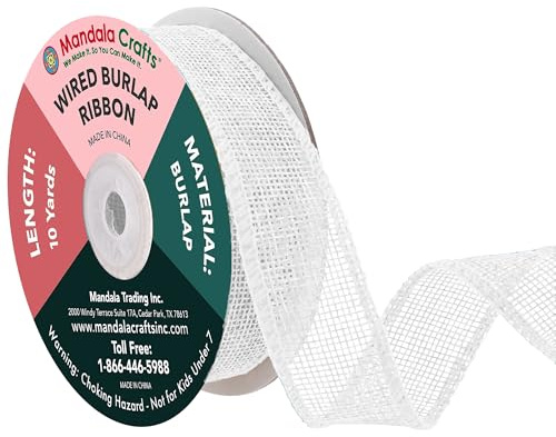 Mandala Crafts White Burlap Wired Ribbon 1 Inches Wide Jute Ribbons for Crafts - 10 Yds Roll Rustic Burlap Wrap Trim Ribbons for Wreaths Bows Party Decoration