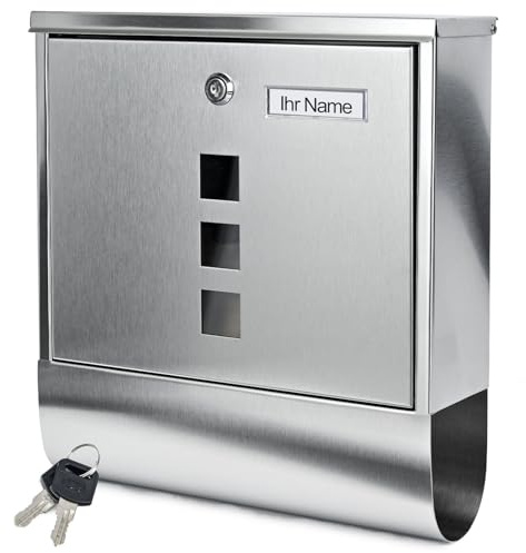 Personalisierter Briefkasten mit Zeitungsfach und 3 Sichtfenster, Edelstahl Postkasten Designer Wandbriefkasten, 2X Schlüssel Zeitungsrolle Namensschild, modern, Postkasten Mailbox, Silber (SN3631)