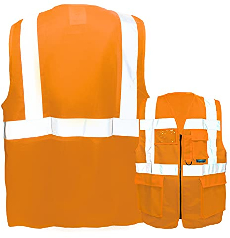 Warnweste mit Reißverschluss und Taschen * Ohne Druck (nur Weste) * Farbe & Größe: Orange/Größe M * Aufdruck selbst gestalten * Bedruckt mit Design Foto Text Logo
