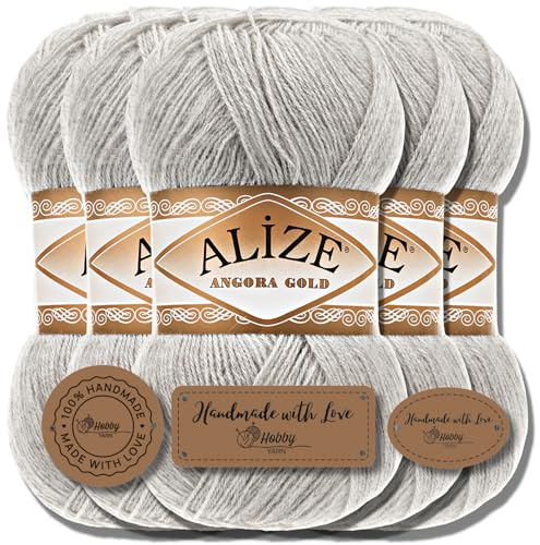 Hobby YARN 3x Etikettenlabel mit Alize Angora Gold Wolle Premium 5x100g als Set, Yarn, Garn, Dünne Mohair aus Schurwolle, Uni, Einfarbig, Strickgarn (Smoky - 652)