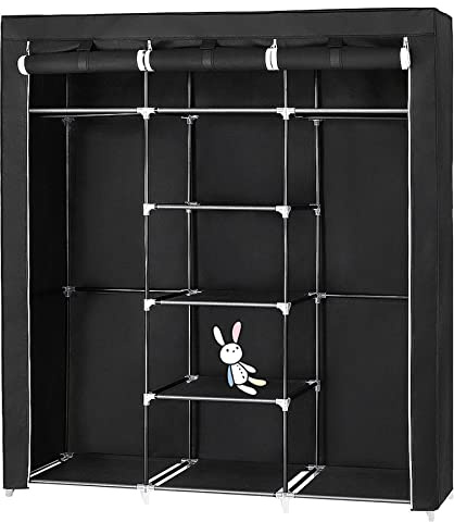 Armadio pieghevole in tessuto non tessuto, per camera da letto, con ripiani in ferro con porta e aste, 175 x 150 x 45 cm, colore: nero